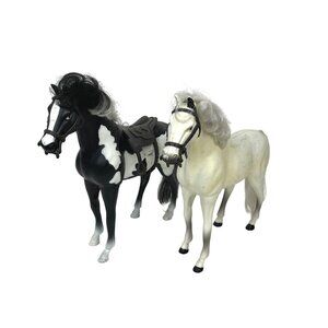 Black & White Pinto Horse & White Horse Kid Kore Plastic Toy Bridle & Saddle